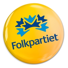 Folkpartiets logotyp på en orange "knapp", utan tillägget "liberalerna"