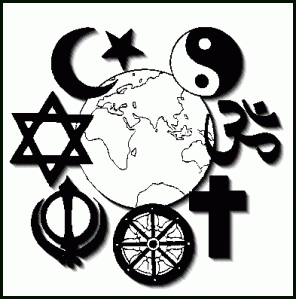 Symboler för de stora världsreligionerna, placerade runt en bild av jordklotet.